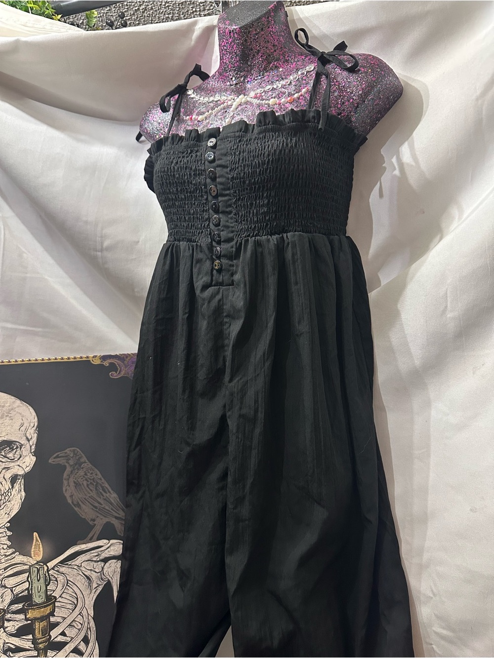 Black Smocked Pants Romper with Tie Straps